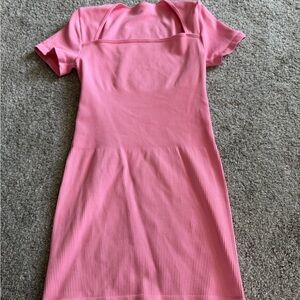 Pink Ribbed Square-Neck Short Sleeve Dress